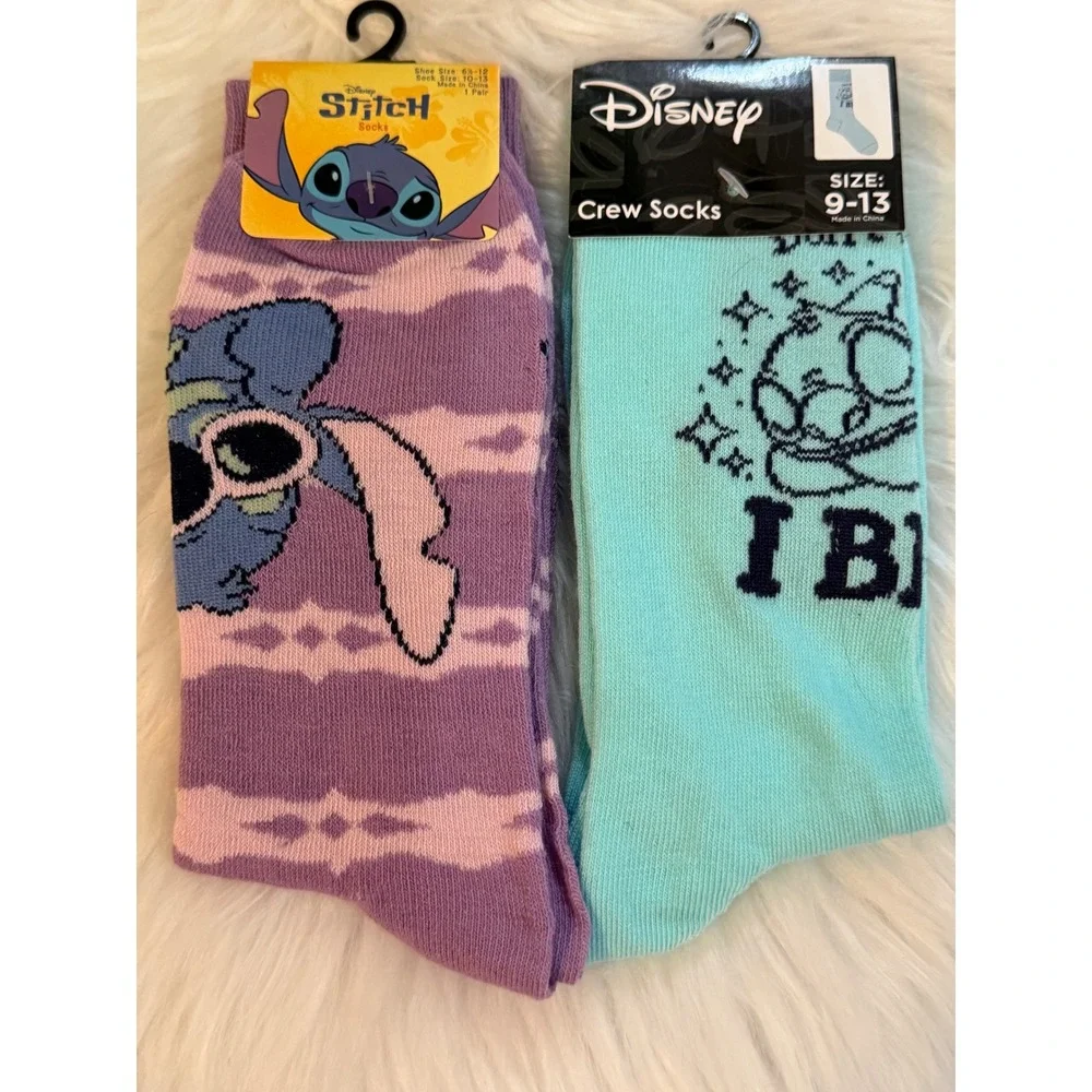 Disney Lilo & Stitch Crew Socks Bundle Purple Striped & Mint I Bite 2 Pairs NEW